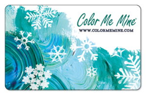 Color Me Mine logo on a white background with blue and green brushstrokes  and snowfakes